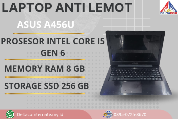 ASUS A456U , TYPE BARU BODY SLIM, PROSESOR INTEL CORE I5 GEN 6 RAM 8 GB SSD 256 GB GB DISPLAY 14 INCH MULUS, WARNAH UNGU